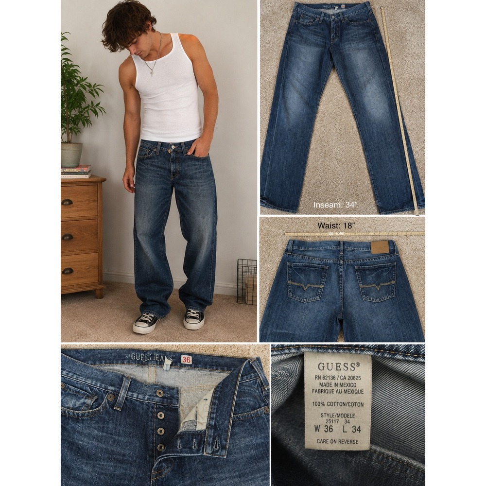 Vintage Guess Rebel Jeans Mens 36x34 Y2K Low Rise Straight Dark Wash